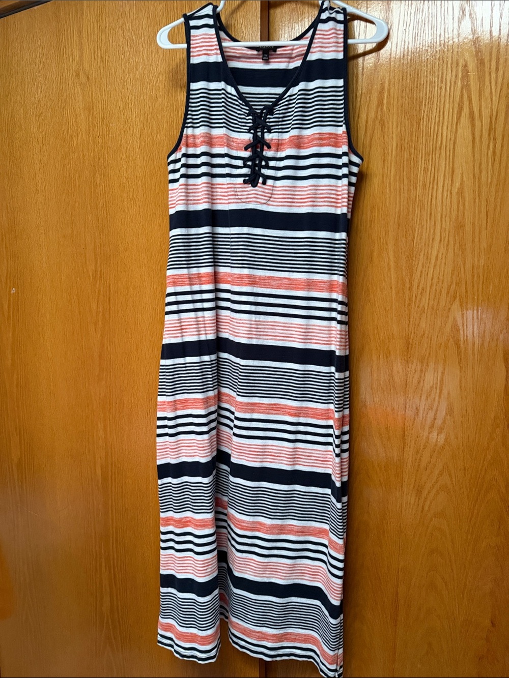 Talbots Navy, Coral and White Striped Lace-Up Tank Dress